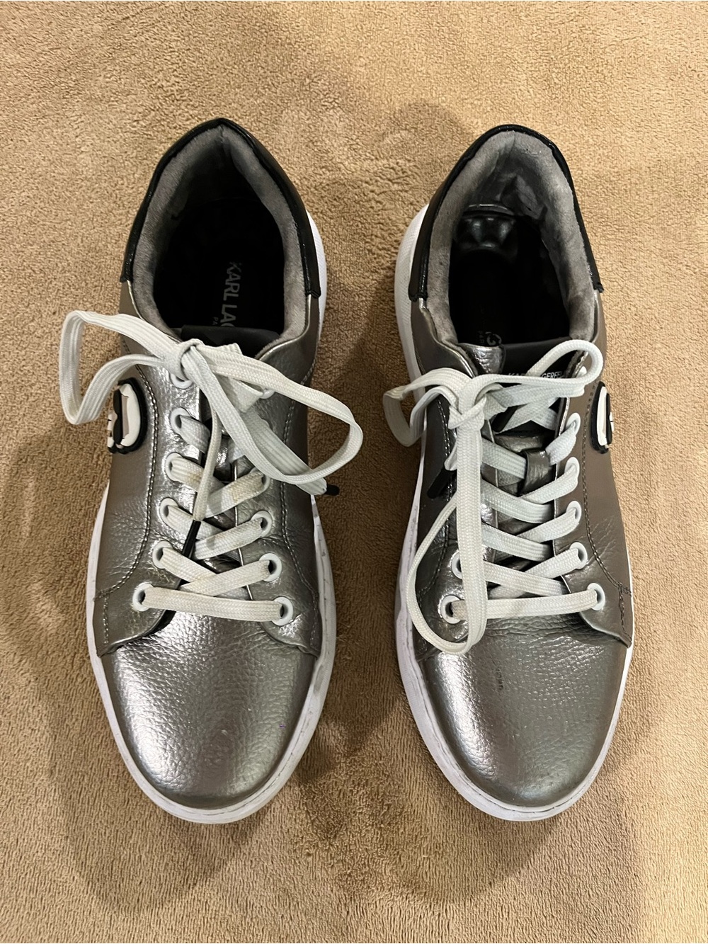 Karl Lagerfeld Metallic Silver Low-Top Lace-Up Sneakers